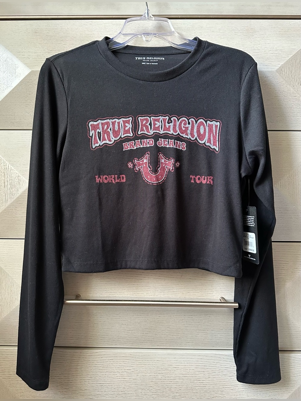 TRUE RELIGION BLACK CROPPED WOMEN’S WESTERN LOGO RIB BABY TEE-SIZE L